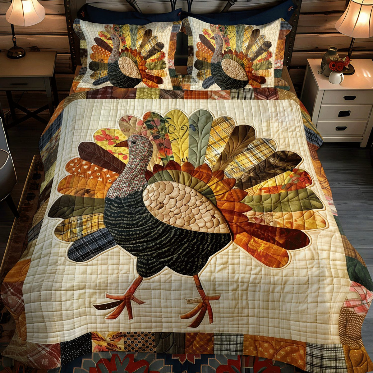 Festive Turkey quilted 3-piece bedding set on a made bed in a winter-styled bedroom