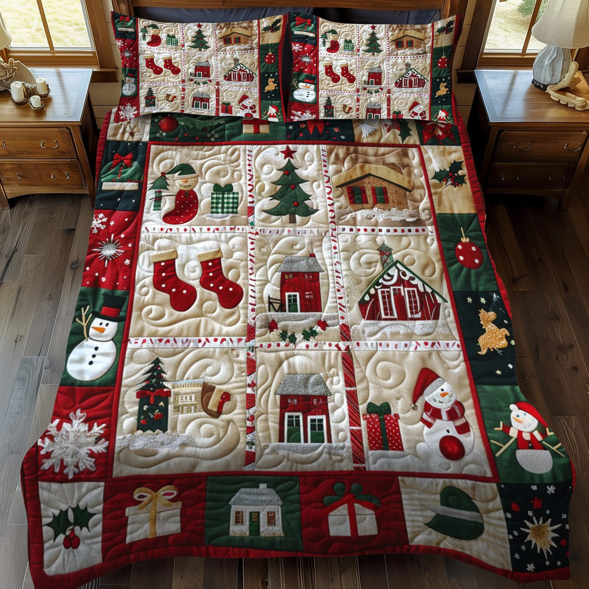 Festive Village quilted 3-piece bedding set on a made bed in a winter-styled bedroom