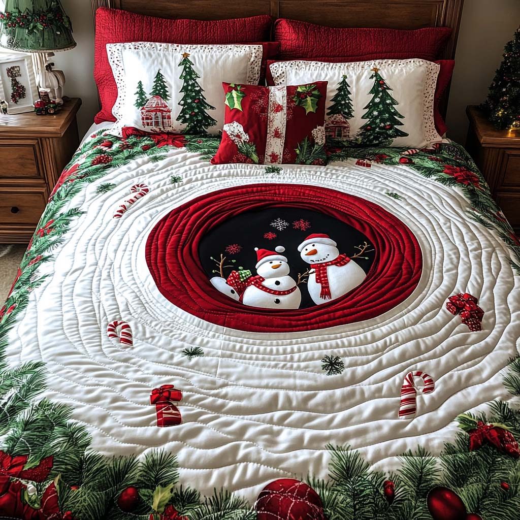 Festive Vortex quilted 3-piece bedding set on a made bed in a winter-styled bedroom
