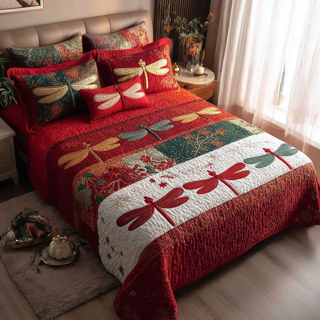 Festive Wing Glow quilted 3-piece bedding set on a made bed in a winter-styled bedroom