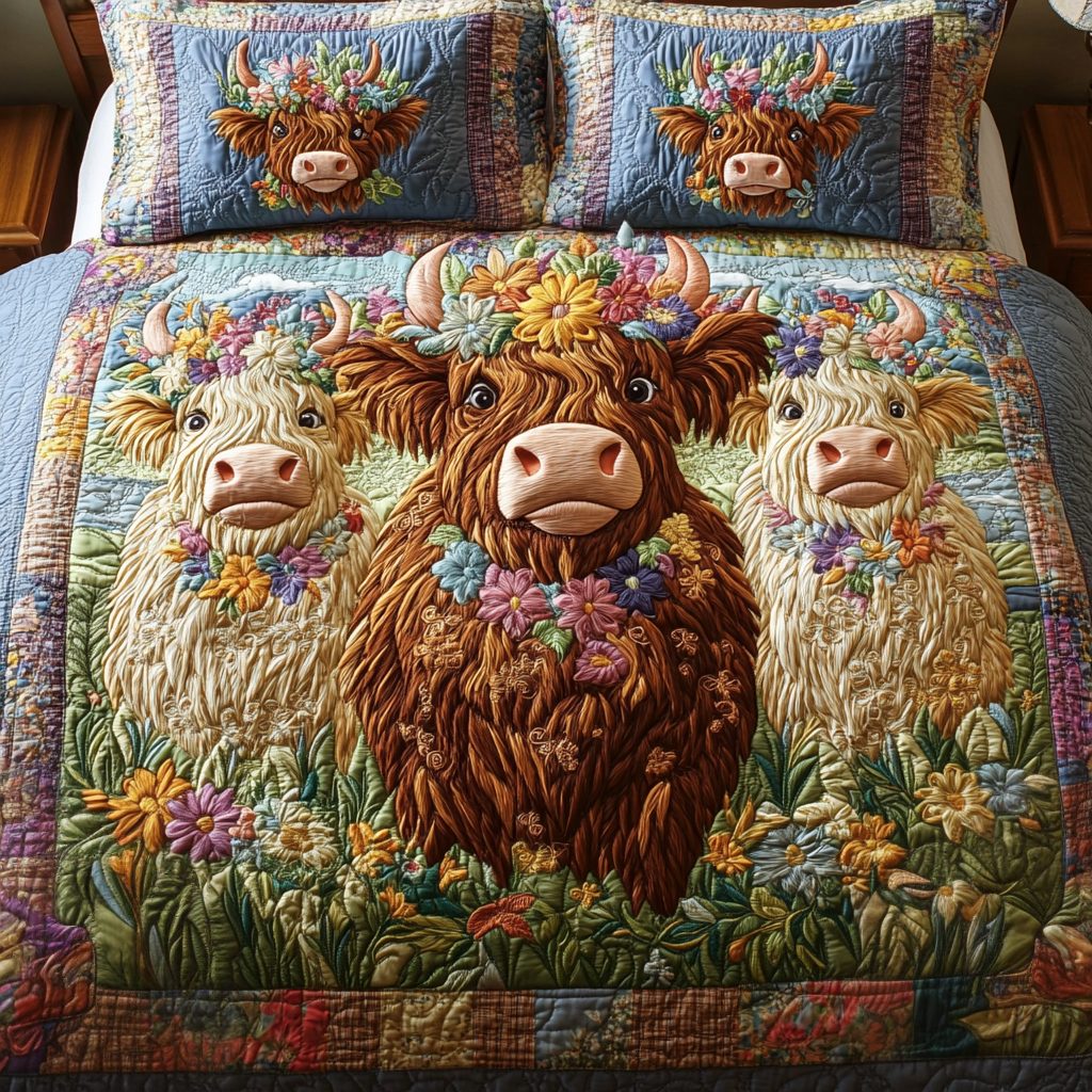 Field Friends quilted 3-piece bedding set on a made bed with two matching pillow shams