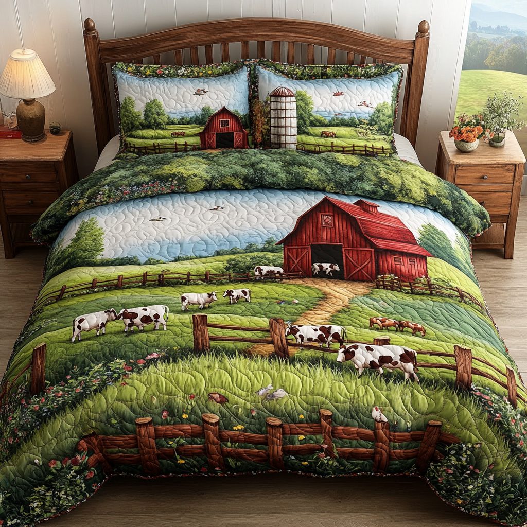 Field Horizon quilted 3-piece bedding set on a made bed with two matching pillow shams