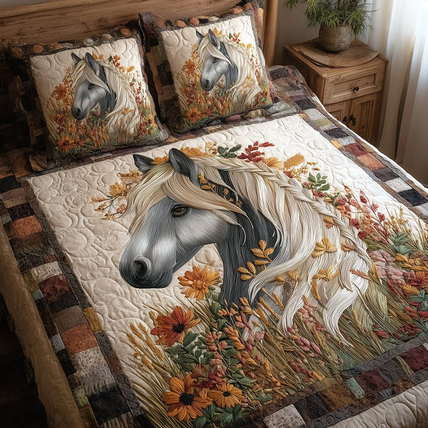Fields of Horse Grace quilted 3-piece bedding set on a made bed in a rustic timber bedroom