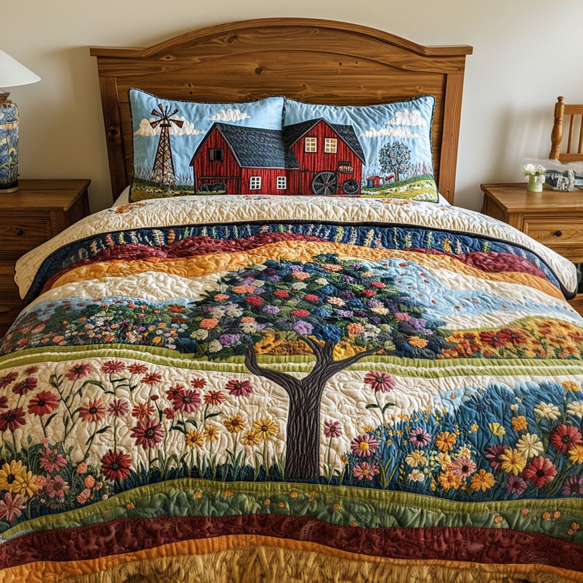 Fields of Plenty quilted 3-piece bedding set on a made bed with two matching pillow shams