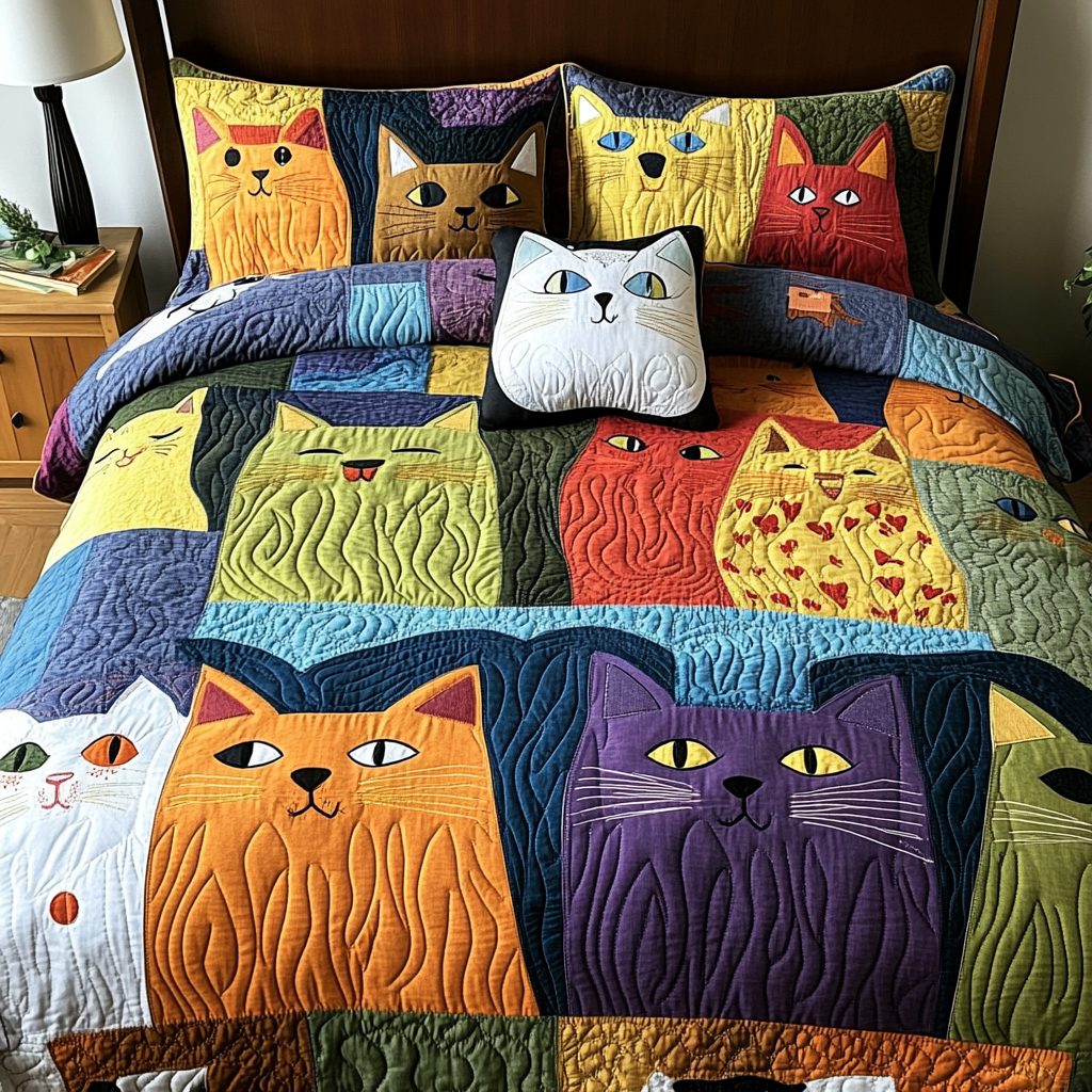 Fierce Cat quilted 3-piece bedding set on a made bed with two matching pillow shams