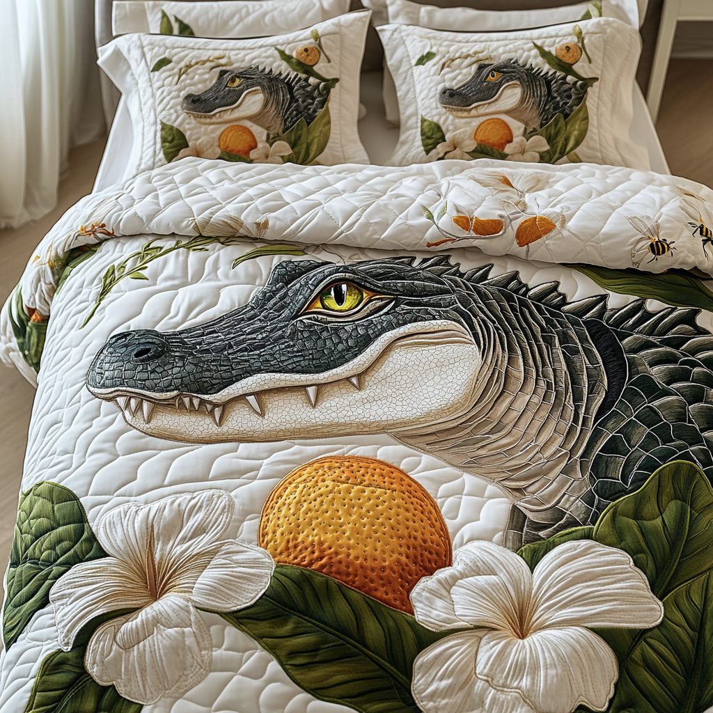 Fierce Serenity quilted 3-piece bedding set on a made bed with two matching pillow shams