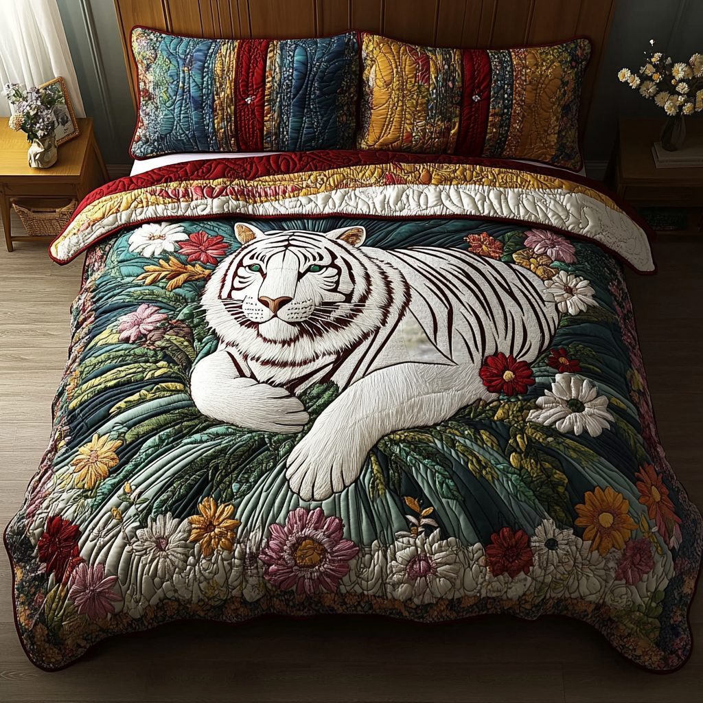 Fierce White Tiger quilted 3-piece bedding set on a made bed with two matching pillow shams
