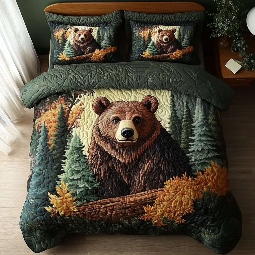 Fierce Wilderness quilted 3-piece bedding set on a made bed with two matching pillow shams