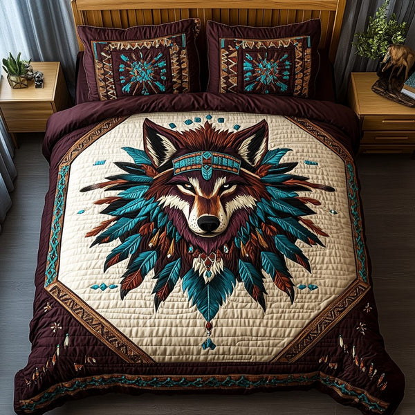 Fierce Wolf quilted 3-piece bedding set on a made bed with two matching pillow shams