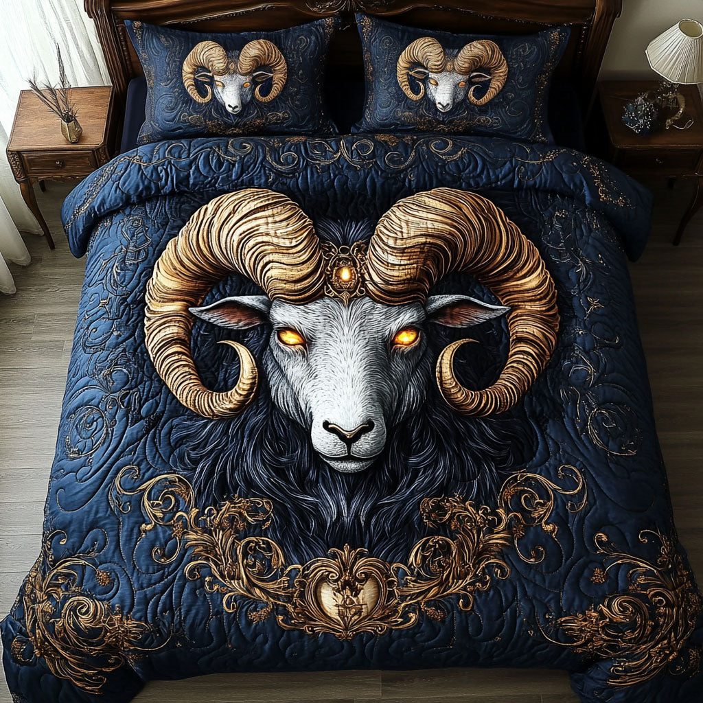 Fiery Aries quilted 3-piece bedding set on a made bed with two matching pillow shams