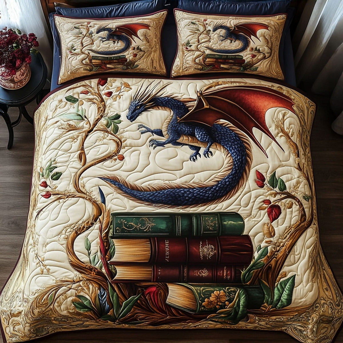Fiery Lorekeeper quilted 3-piece bedding set on a made bed with two matching pillow shams