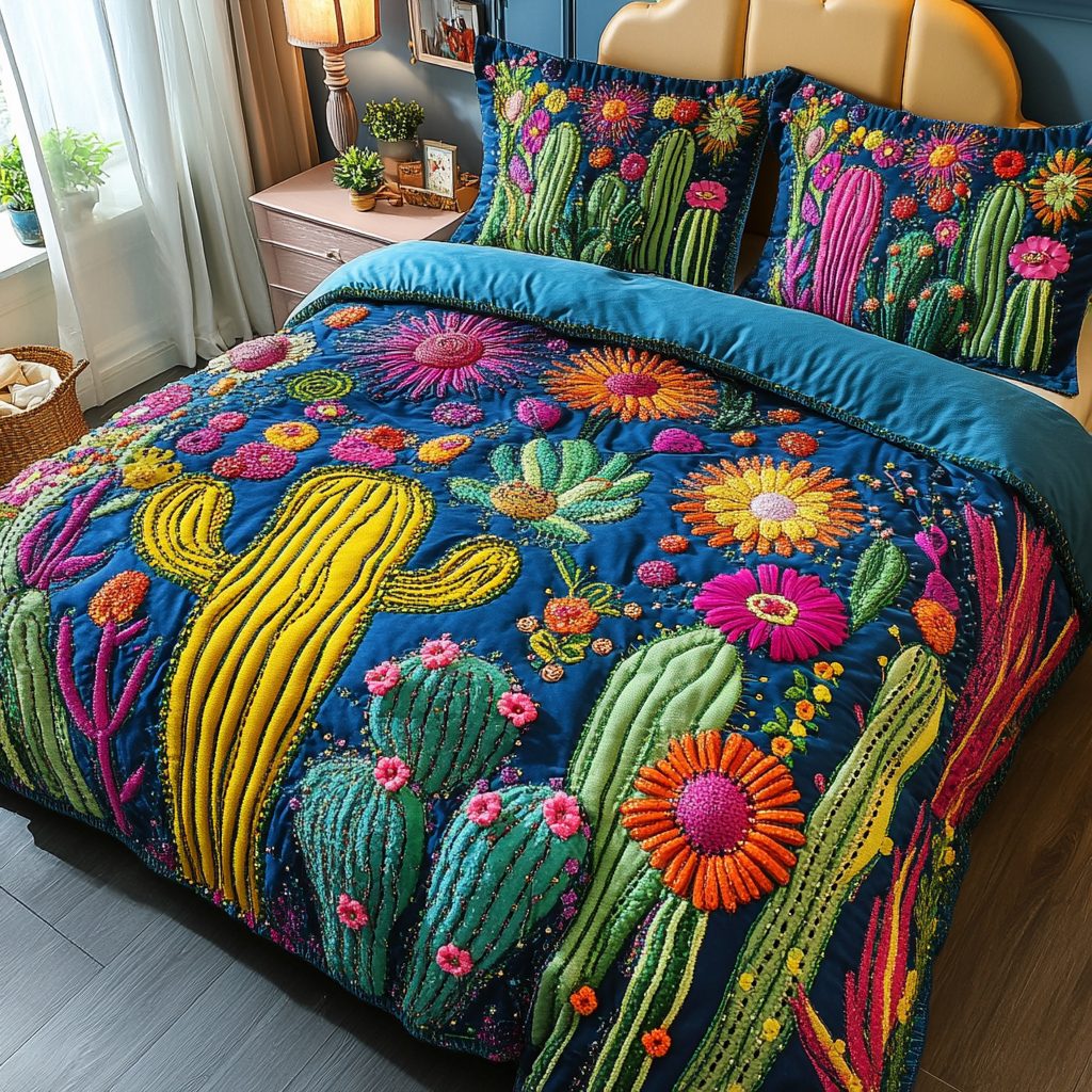 Fiesta Bloom quilted 3-piece bedding set on a made bed with two matching pillow shams
