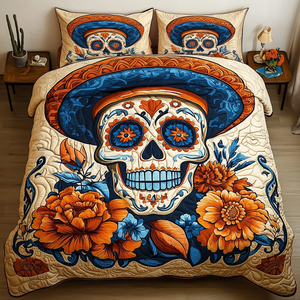 Fiesta Dreams quilted 3-piece bedding set on a made bed with two matching pillow shams