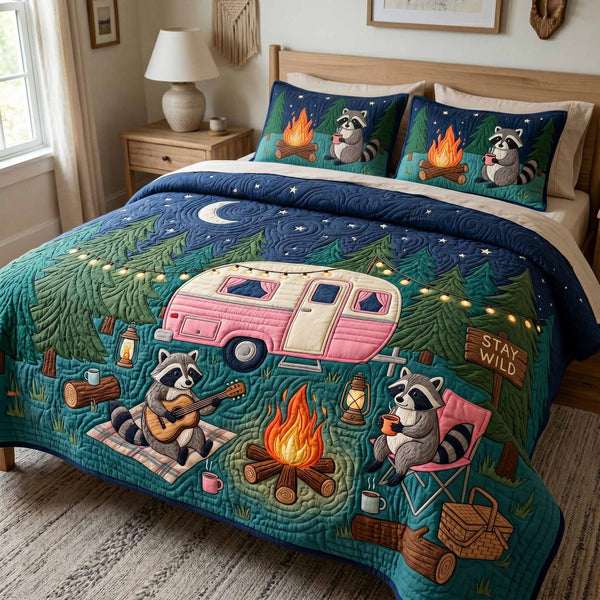Fire Gathering quilted 3-piece bedding set on a made bed with two matching pillow shams