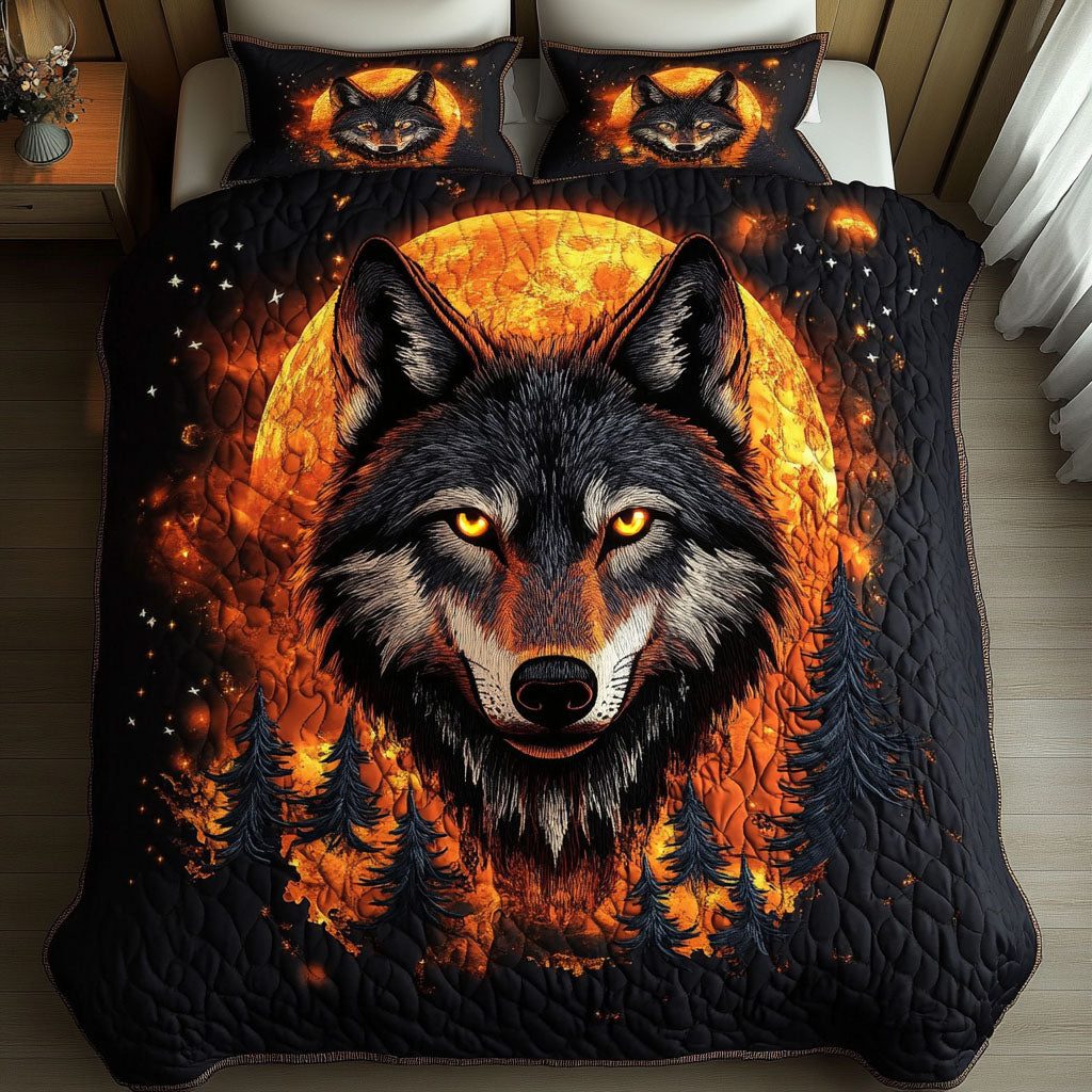 Fire Moon quilted 3-piece bedding set on a made bed with two matching pillow shams