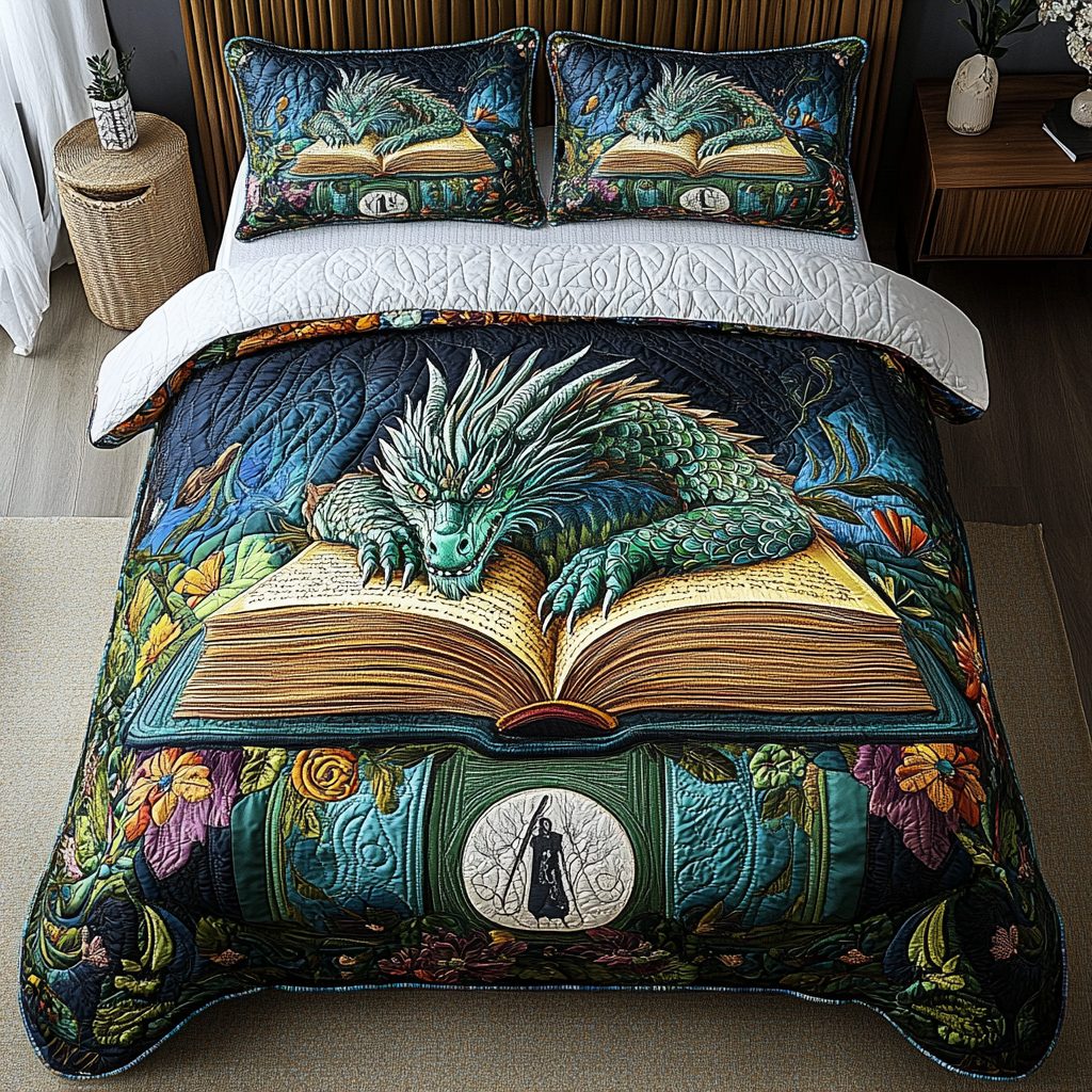 Fireborn Legend quilted 3-piece bedding set on a made bed with two matching pillow shams