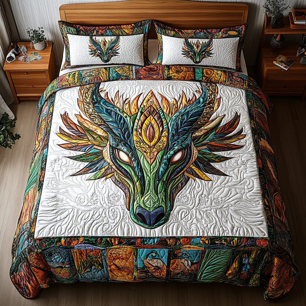 Fireborn Majesty quilted 3-piece bedding set on a made bed with two matching pillow shams