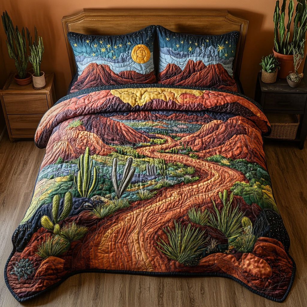 Firelit Valleys quilted 3-piece bedding set on a made bed with two matching pillow shams