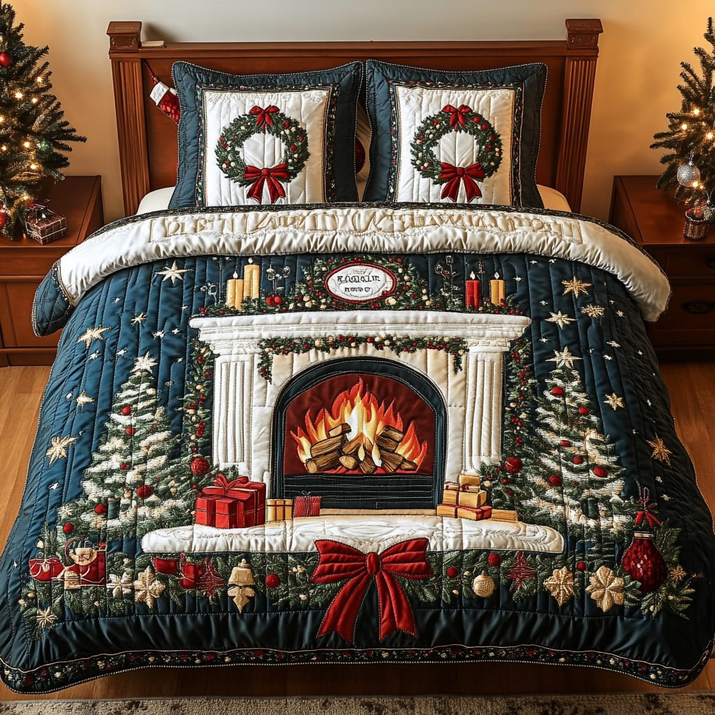 Fireplace Dreams quilted 3-piece bedding set on a made bed with two matching pillow shams