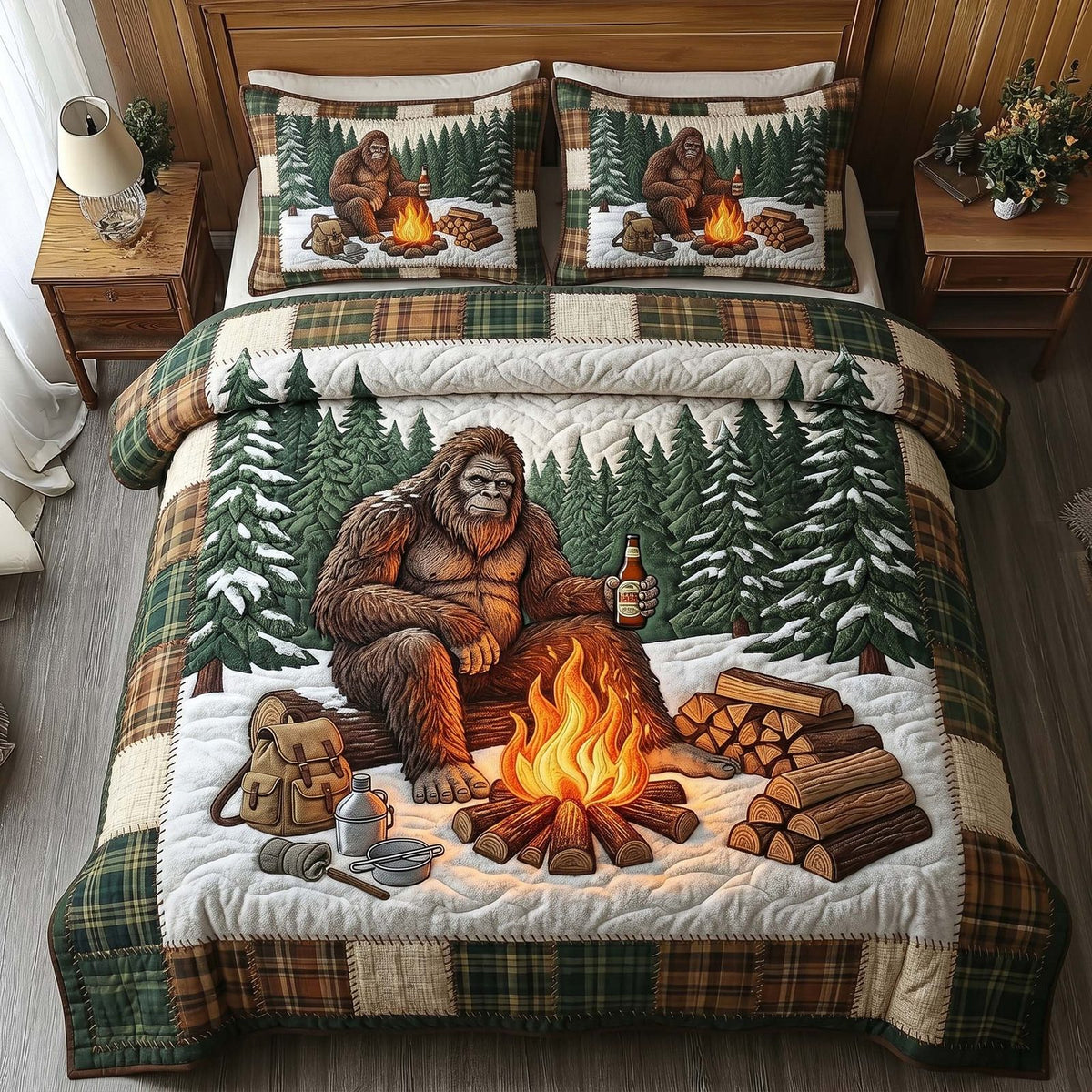 Fireside Bigfoot quilted 3-piece bedding set on a made bed with two matching pillow shams
