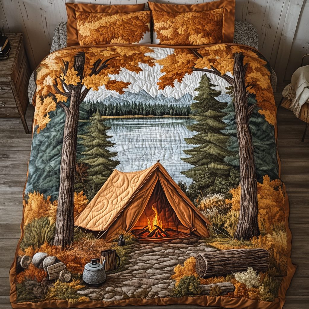 Fireside Nest quilted 3-piece bedding set on a made bed with two matching pillow shams