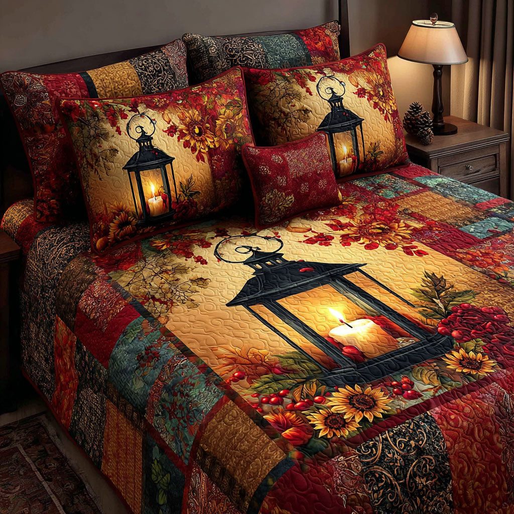 Fireside Patch quilted 3-piece bedding set on a made bed with two matching pillow shams