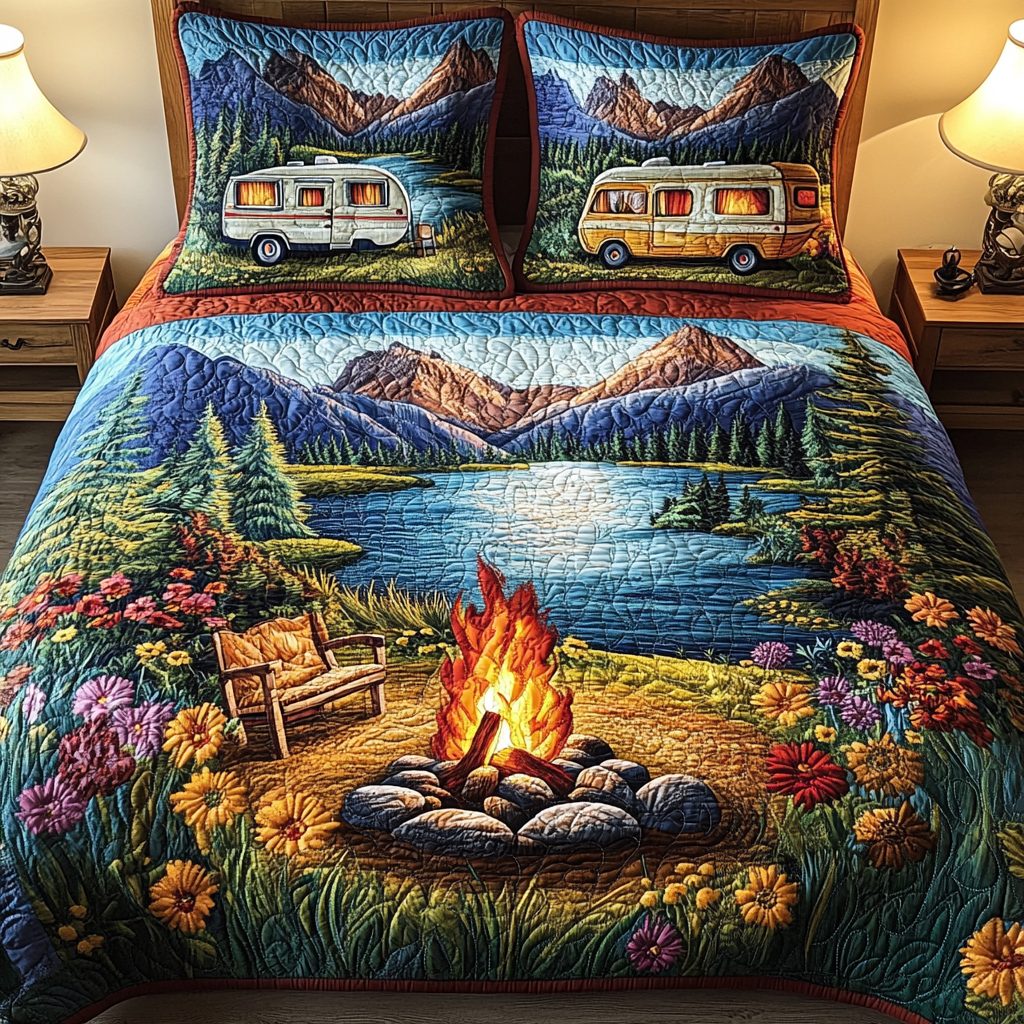 Fireside Rest quilted 3-piece bedding set on a made bed with two matching pillow shams