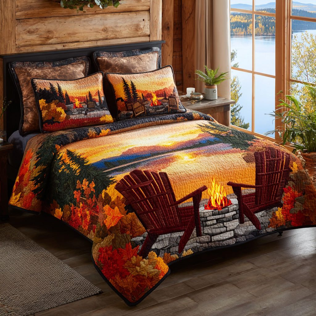 Fireside Retreat quilted 3-piece bedding set on a made bed with two matching pillow shams