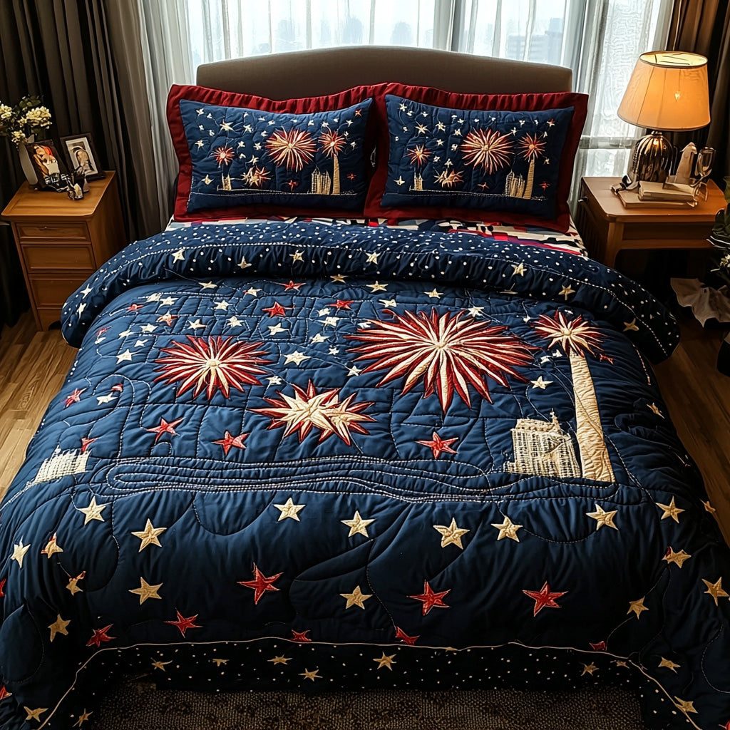 Firework Glory quilted 3-piece bedding set on a made bed with two matching pillow shams