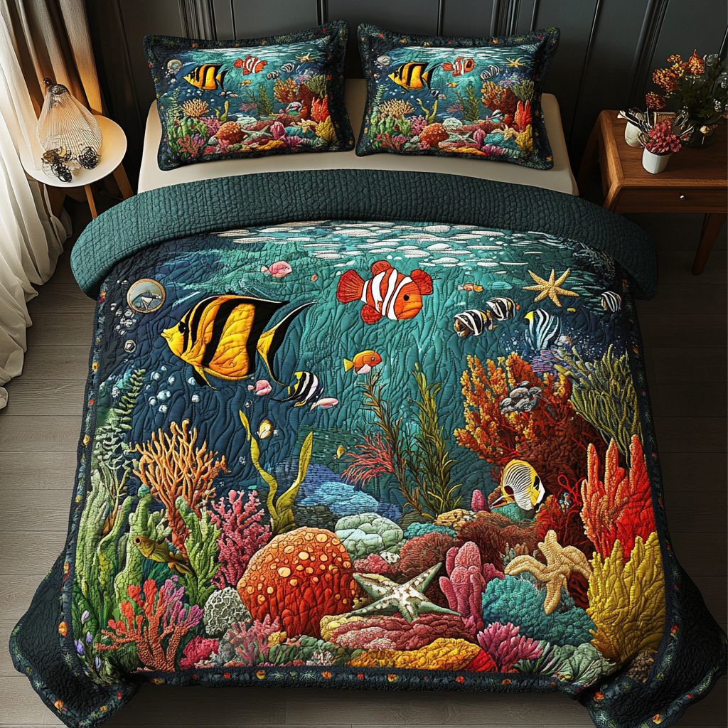 Fish Paradise quilted 3-piece bedding set on a made bed with two matching pillow shams