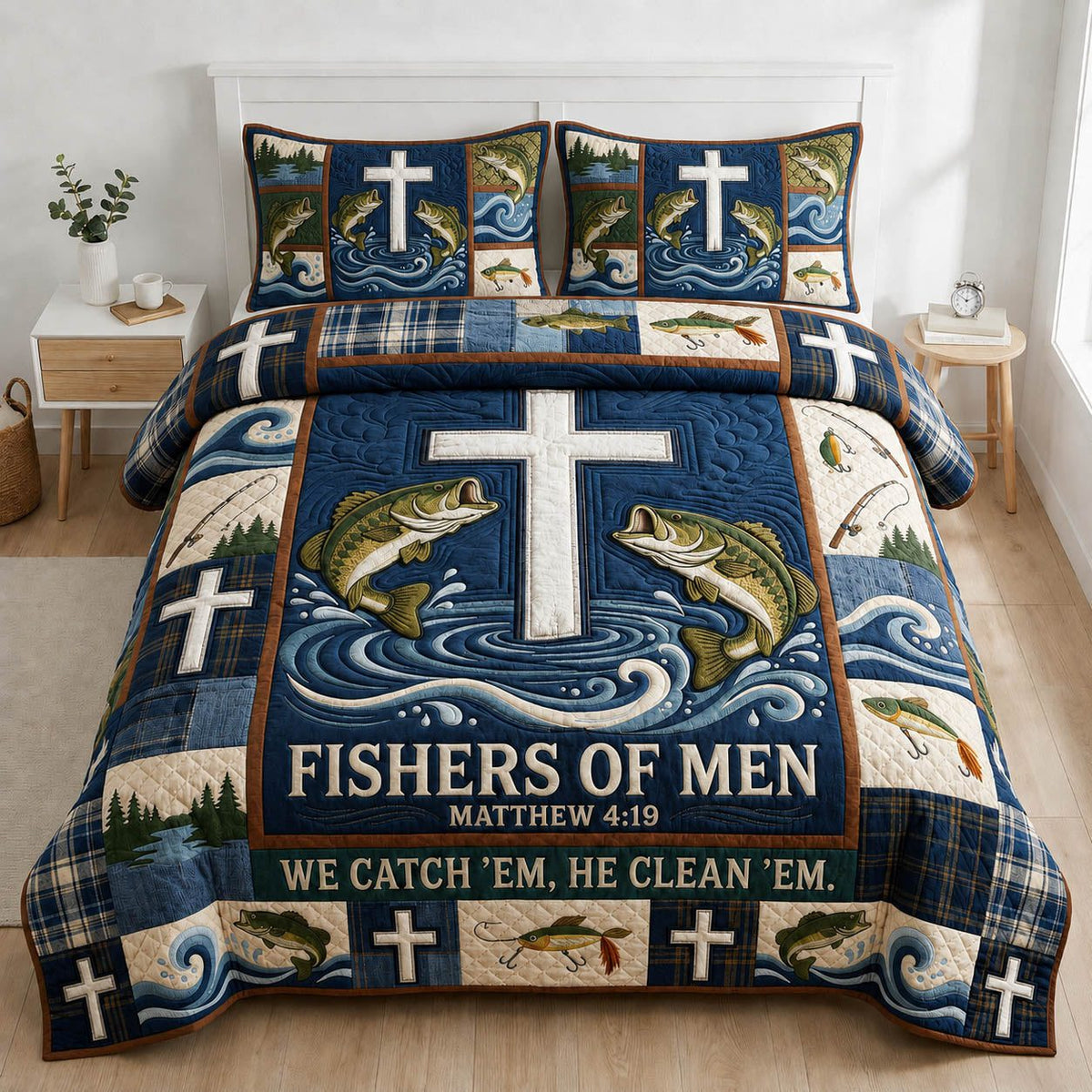 Fisher Of Men quilted 3-piece bedding set on a made bed with two matching pillow shams