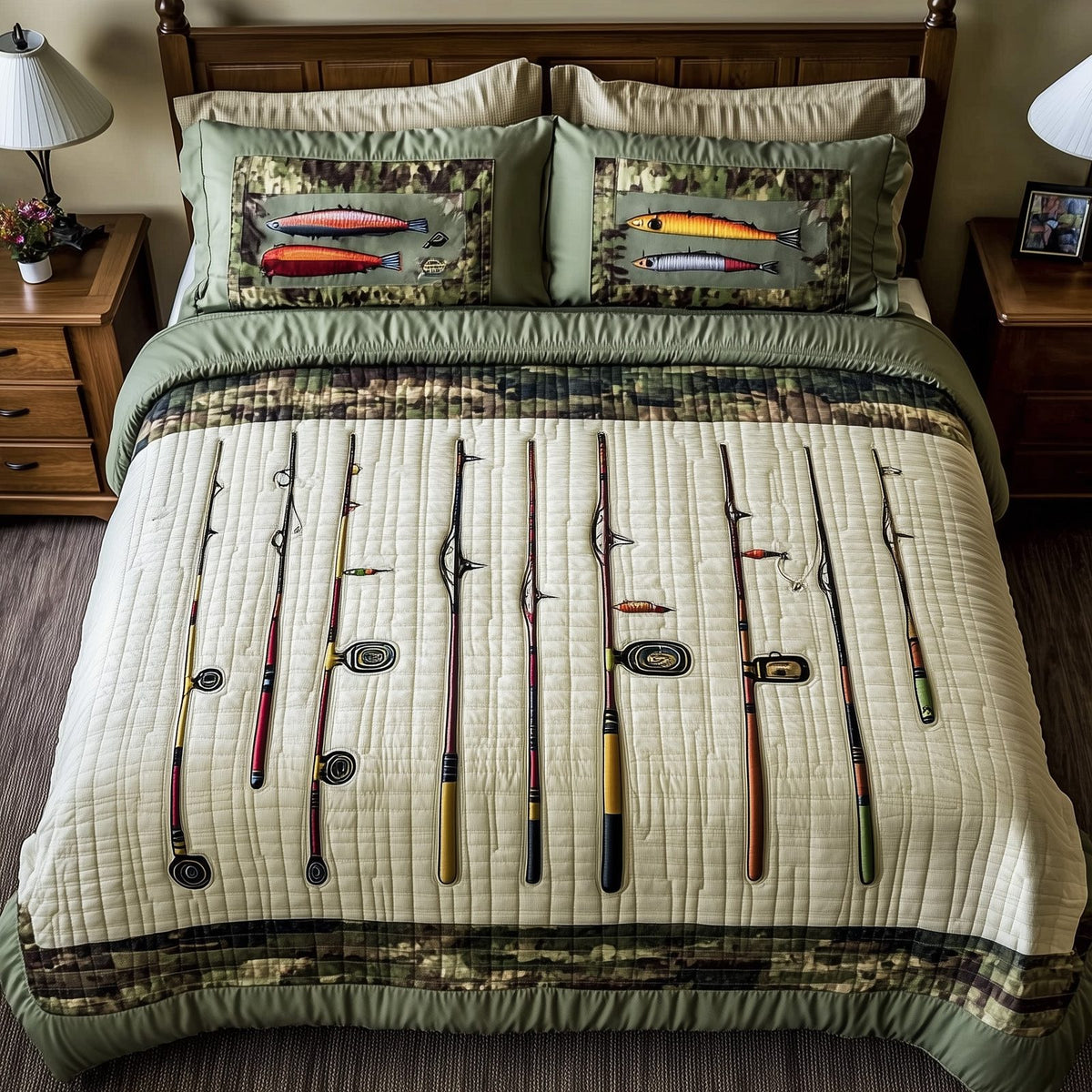 Fishing Bed Delight quilted 3-piece bedding set on a made bed with two matching pillow shams