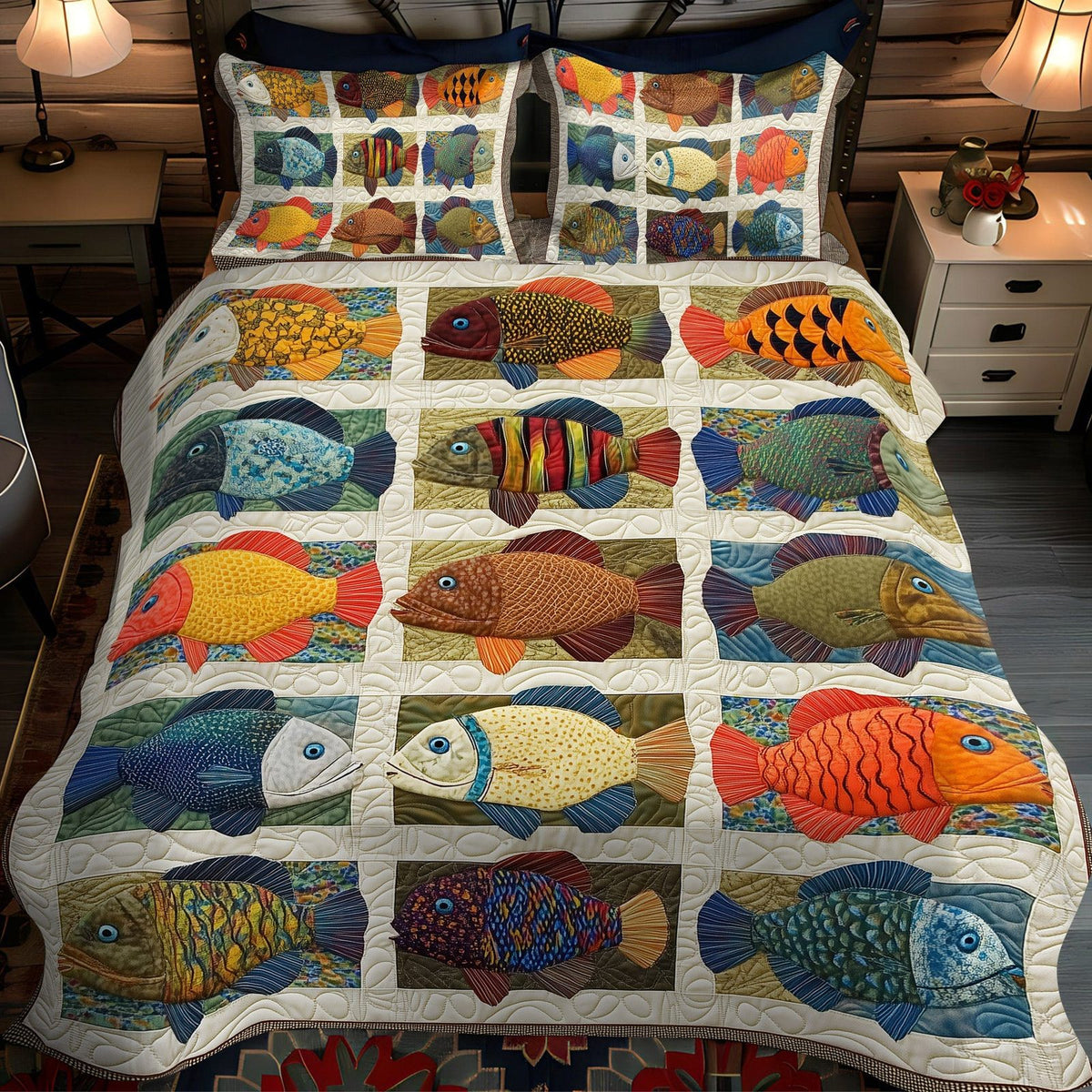 Fishing Daydreams quilted 3-piece bedding set on a made bed with two matching pillow shams