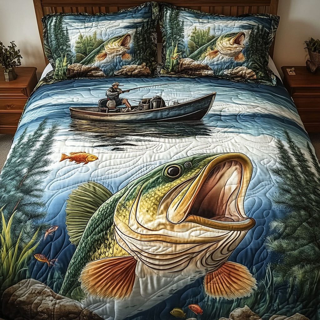 Fishing Dreams quilted 3-piece bedding set on a made bed with two matching pillow shams
