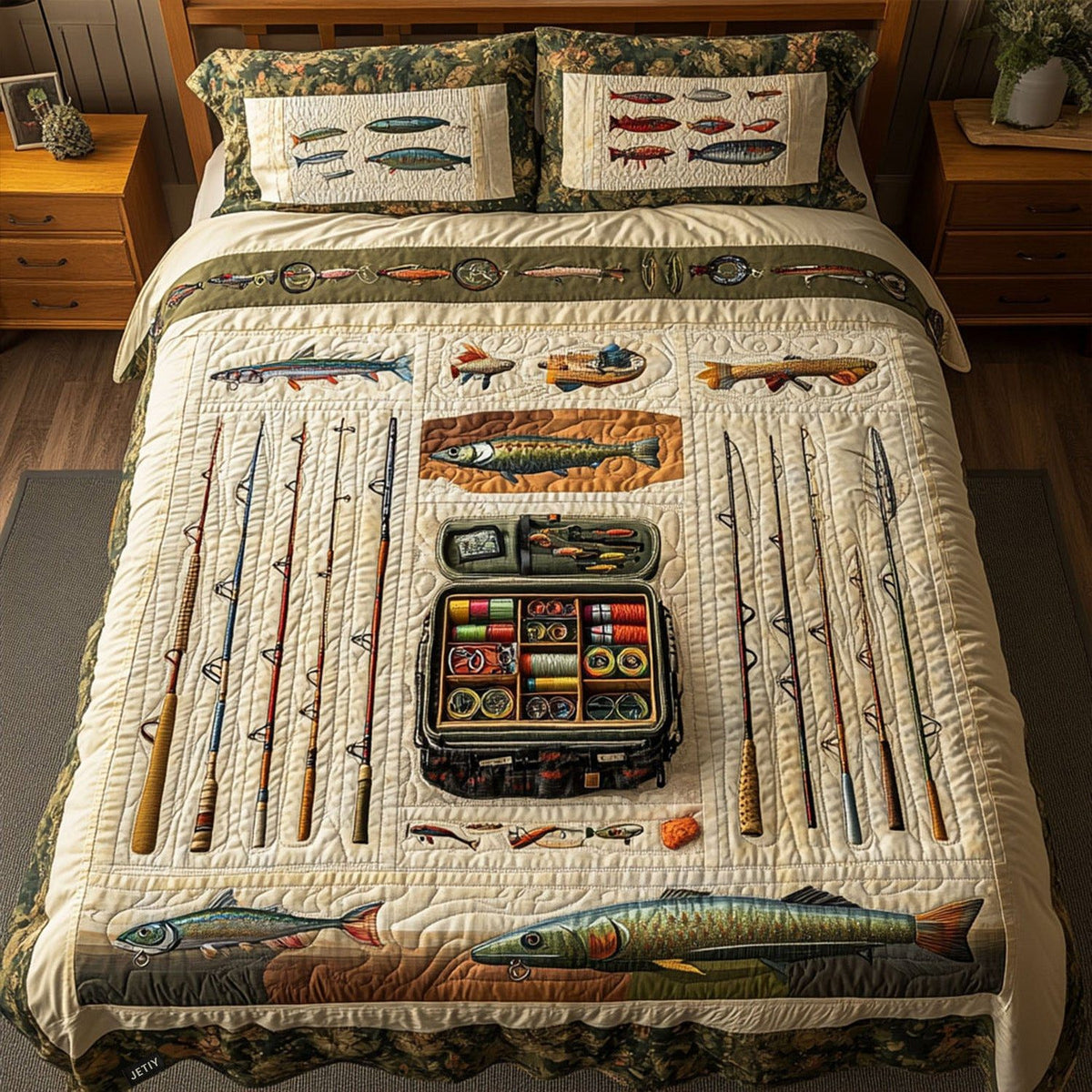 Fishing Expedition quilted 3-piece bedding set on a made bed with two matching pillow shams
