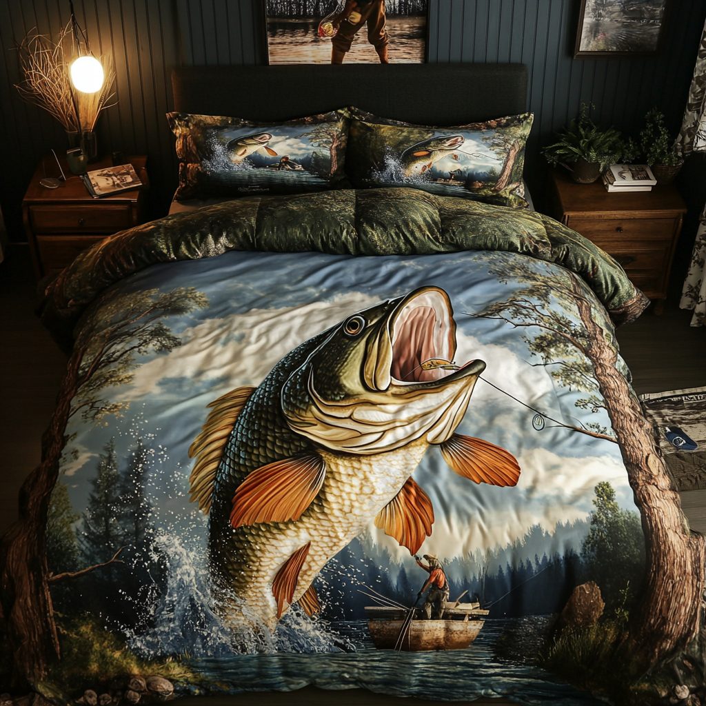Fishing Glory quilted 3-piece bedding set on a made bed with two matching pillow shams
