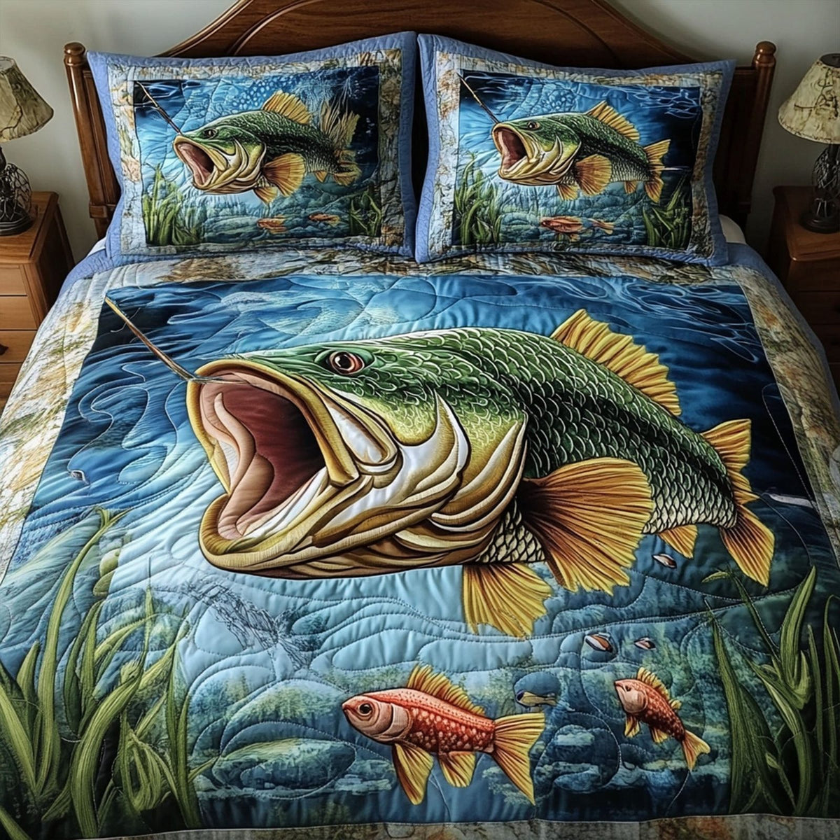 Fishing Glory quilted 3-piece bedding set on a made bed with two matching pillow shams