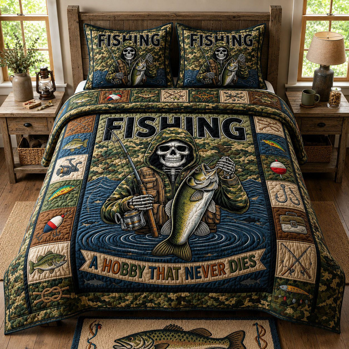 Fishing Hobby Never Dies quilted 3-piece bedding set on a made bed with two matching pillow shams