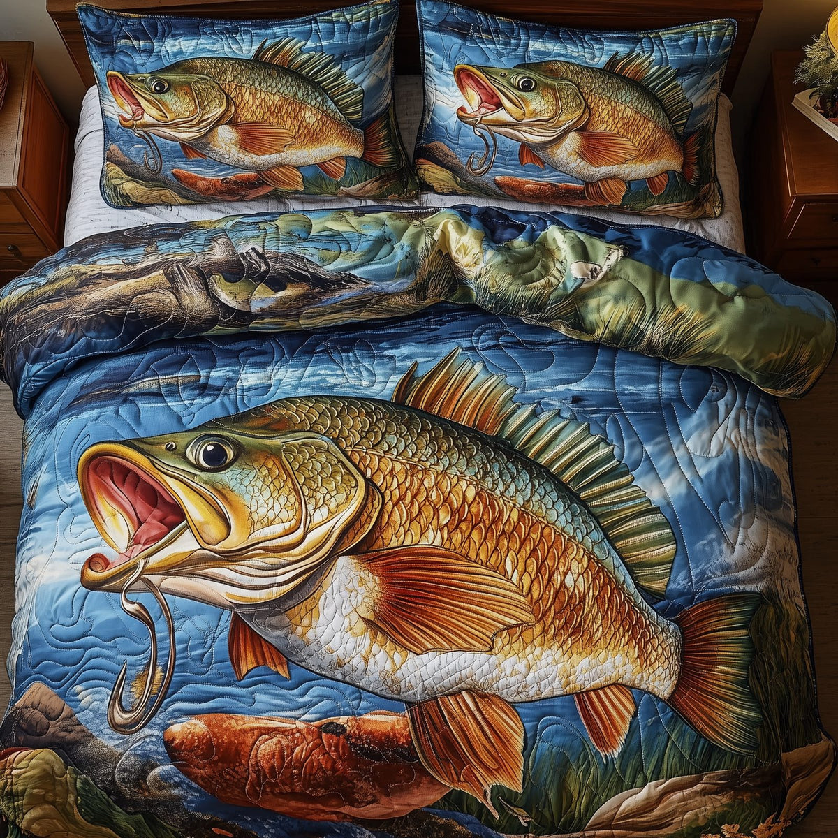 Fishing Life quilted 3-piece bedding set on a made bed with two matching pillow shams