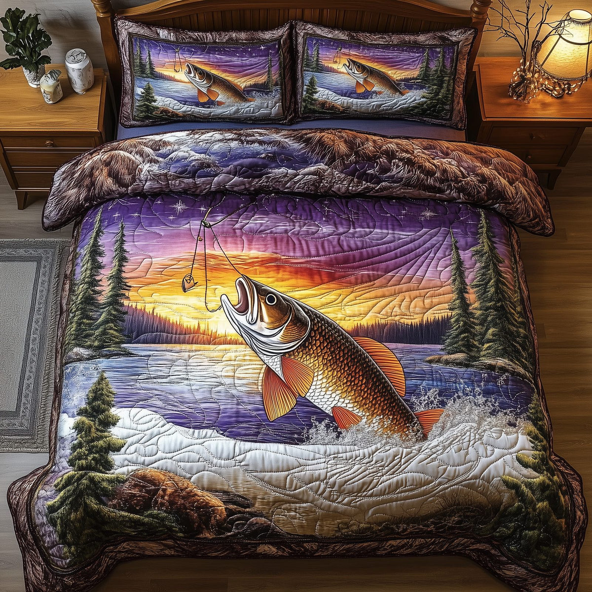 Fishing Life quilted 3-piece bedding set on a made bed with two matching pillow shams