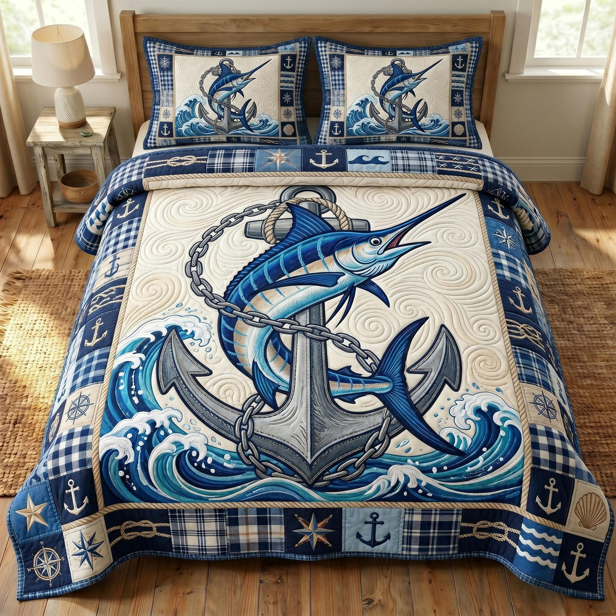 Fishing Life quilted 3-piece bedding set on a made bed with two matching pillow shams