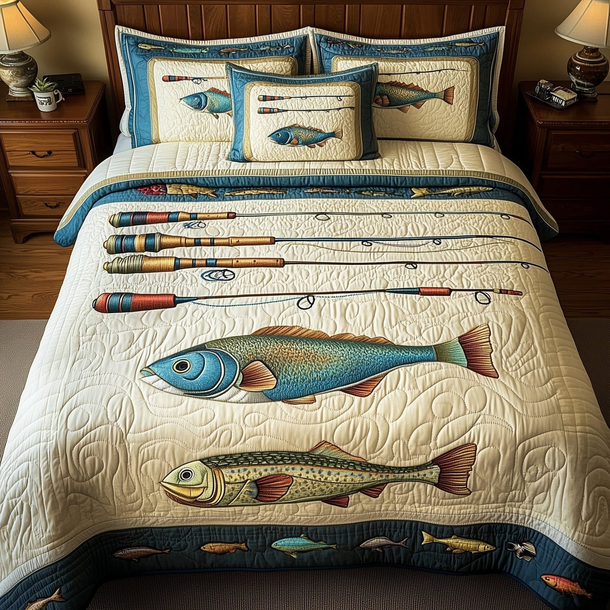Fishing quilted 3-piece bedding set on a made bed with two matching pillow shams