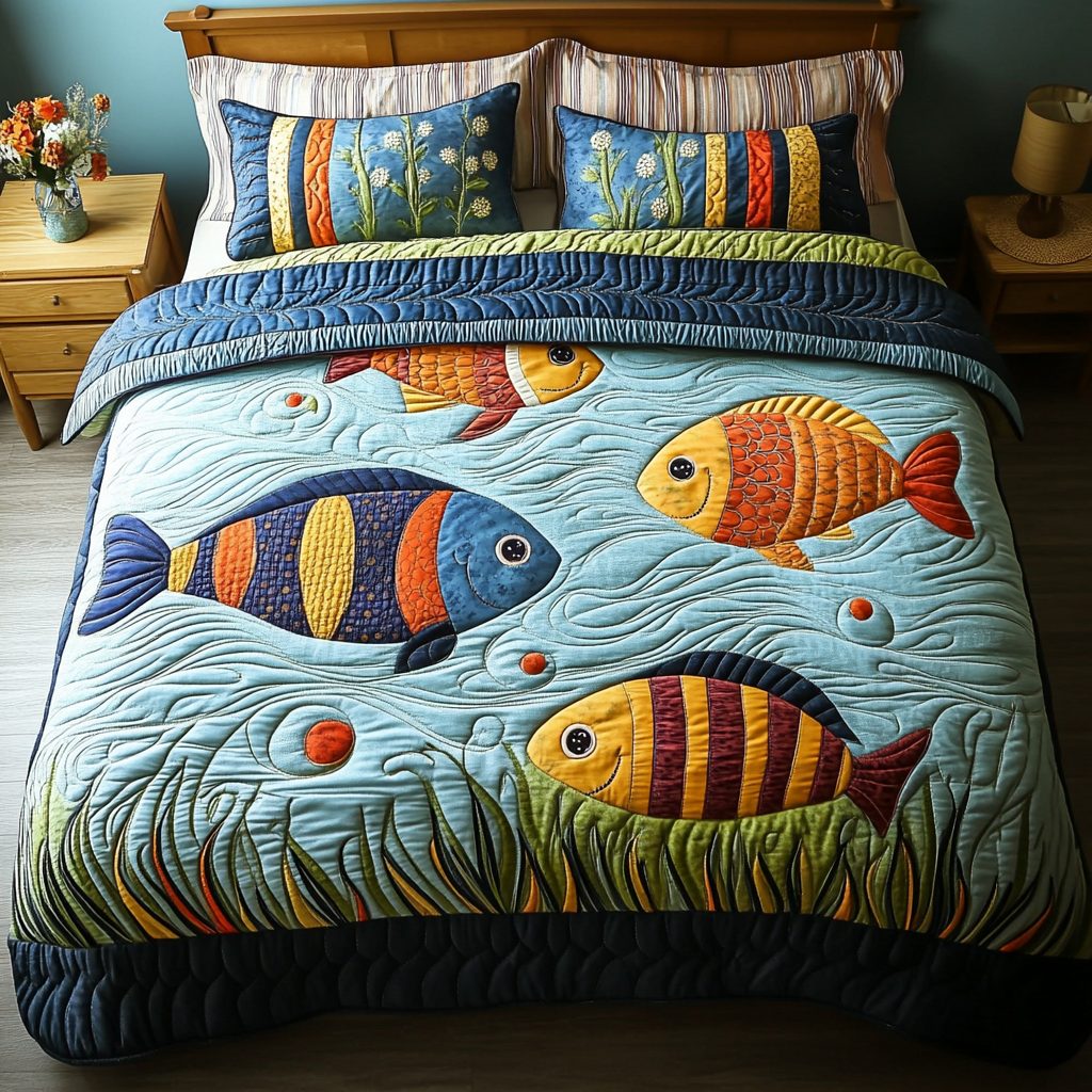 Fishy Patterns quilted 3-piece bedding set on a made bed with two matching pillow shams