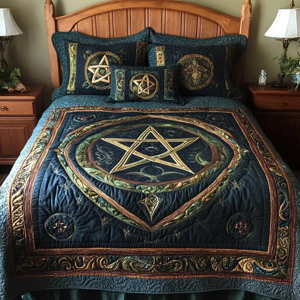 Five-Point Harmony quilted 3-piece bedding set on a made bed with two matching pillow shams