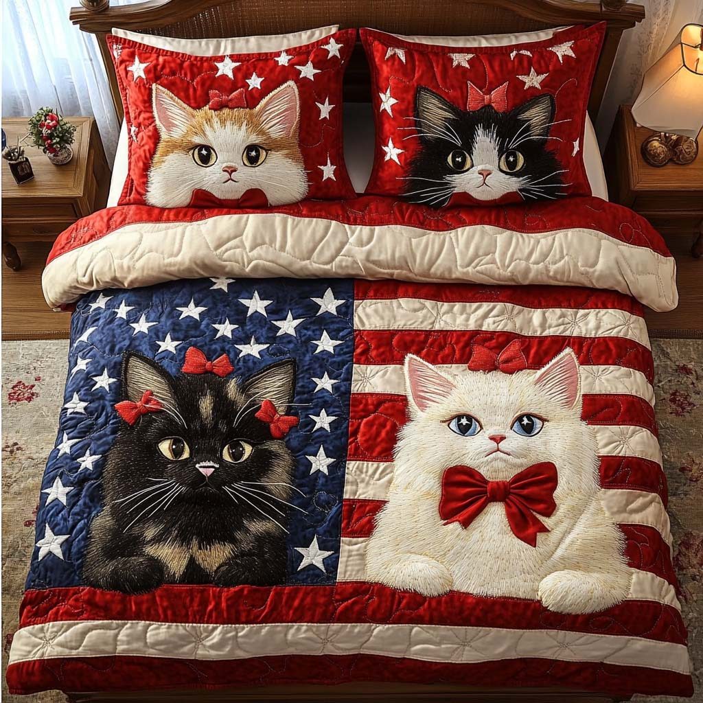 Flag Furballs quilted 3-piece bedding set on a made bed in a warmly lit bedroom