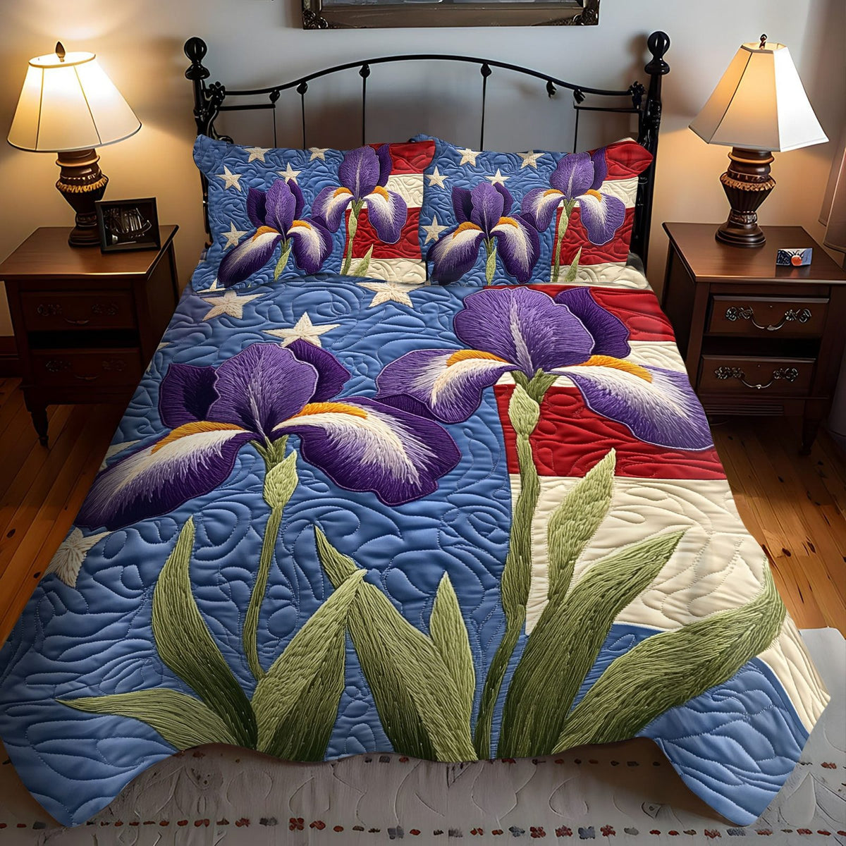 Flag of Petals quilted 3-piece bedding set on a made bed in a warmly lit bedroom