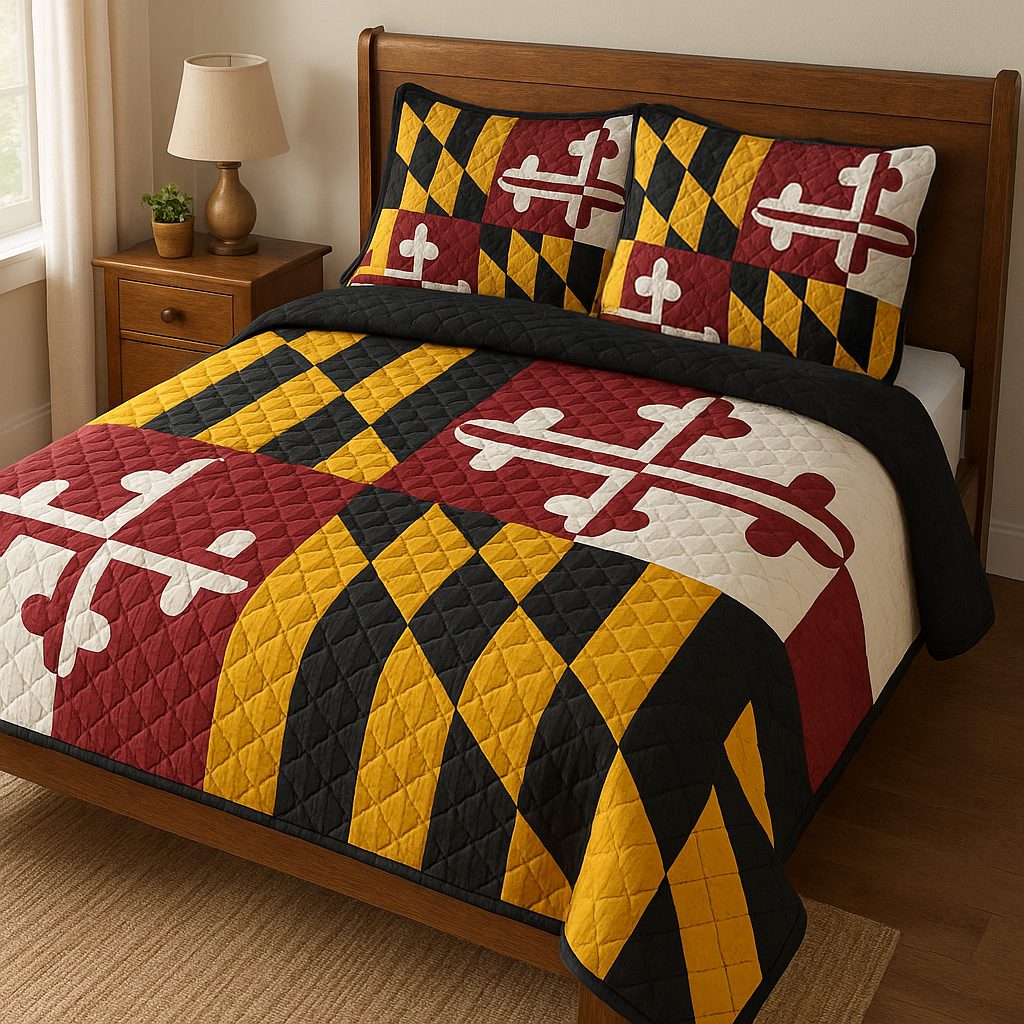 Flag Pride quilted 3-piece bedding set on a made bed in a warmly lit bedroom