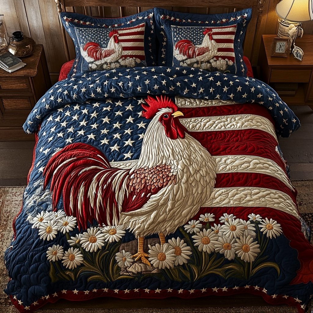 Flag Rooster quilted 3-piece bedding set on a made bed in a warmly lit bedroom