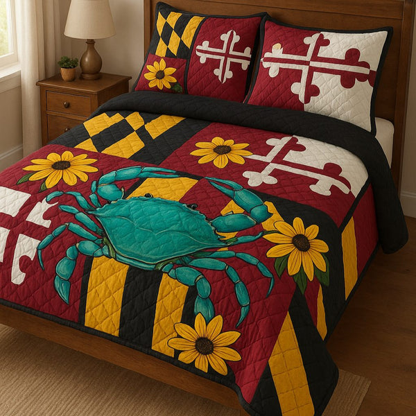 Flag Spirit quilted 3-piece bedding set on a made bed in a warmly lit bedroom