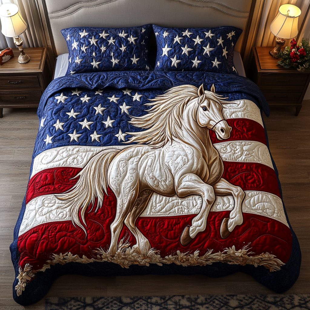Flagged Steed quilted 3-piece bedding set on a made bed with two matching pillow shams